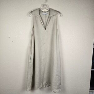 Courtney Washington Linen‎ Midi Dress Tan Beige Large Pockets Lagenlook